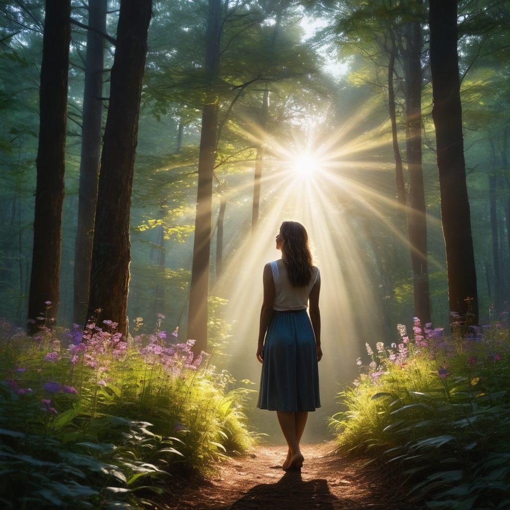 A serene and uplifting scene depicting a woman standing at the edge of a dark forest, with soft rays of sunlight breaking through the leaves above her, illuminating her path. Surround her with vibrant wildflowers symbolizing hope and joy, while a silhouette of a supportive sister figure can be seen in the background. The atmosphere should feel tranquil yet empowering, capturing the essence of transformation and resilience. super-realistic. vibrant colors. soft lighting.