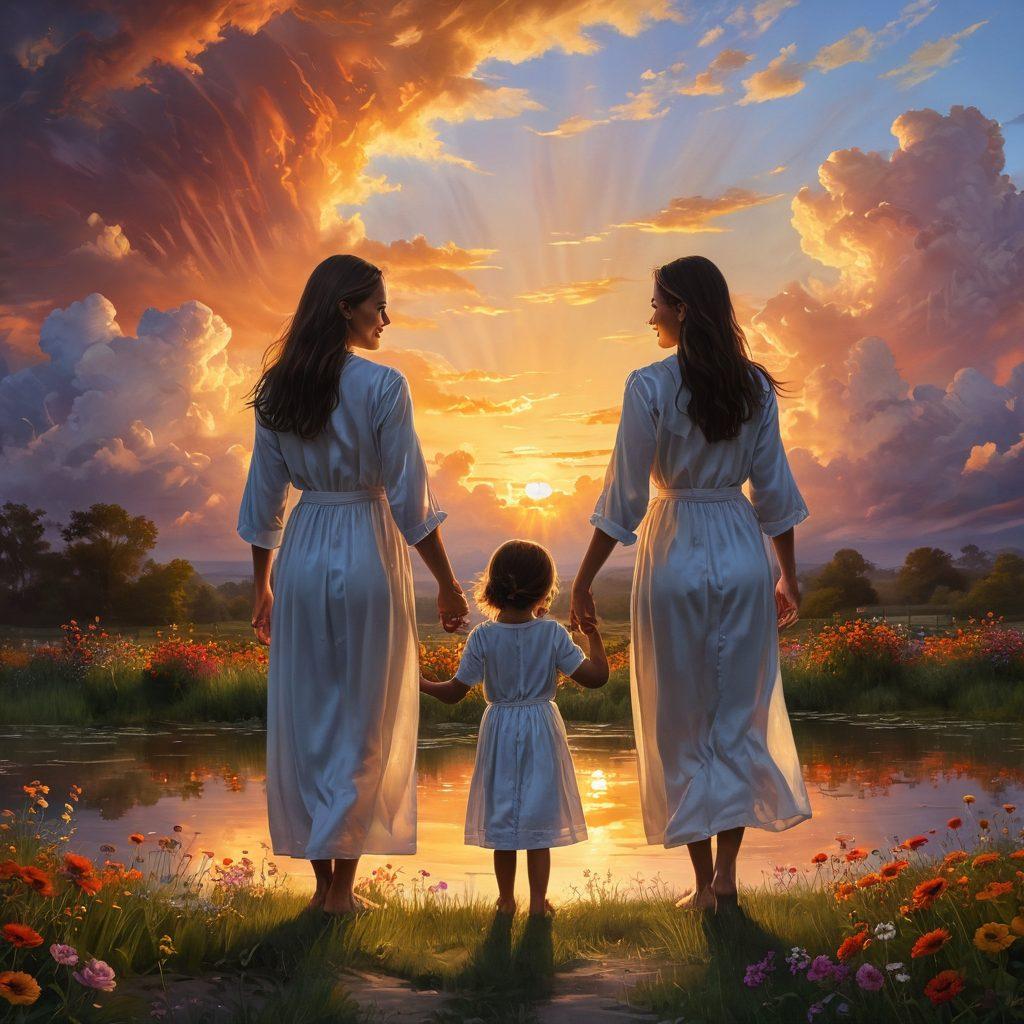 A serene landscape depicting two sisters in a vibrant sunset, one in shadows and the other radiating joy, blending light and darkness harmoniously. The background features blooming flowers and soft clouds, symbolizing contentment and inspiration. Include gentle rays of sunlight breaking through the clouds, highlighting the joyful sister's smile. The overall mood should evoke peace and warmth. super-realistic. vibrant colors.