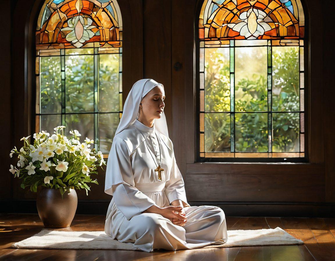 A serene scene depicting a peaceful nun meditating under a radiant beam of sunlight filtering through a stained glass window. Surround her with soft, ethereal light and gentle flowing fabrics that symbolize tranquility and spiritual growth. In the background, hints of nature and blooming flowers to evoke a sense of transformation and enlightenment. The atmosphere should be calm and inviting, filled with a warm golden glow. super-realistic. vibrant colors. ethereal style.